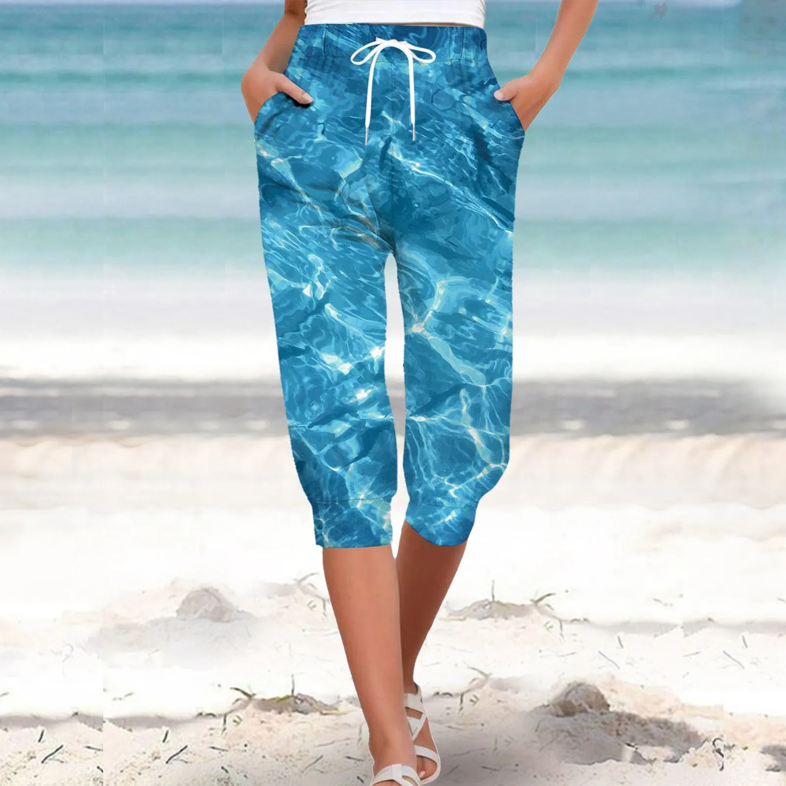 

Women's Summer Pants Fashion Beach Style Printed Pattern High Waist Drawstring Pocket Split Sport Casual Polyester Shorts Party