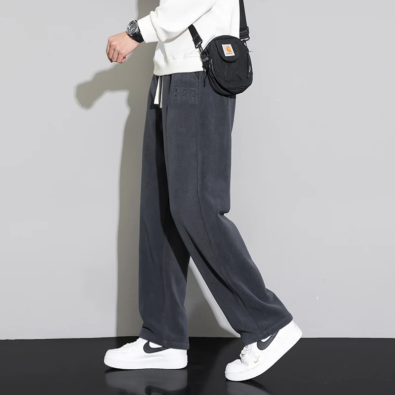 Men Outdoor Wide Leg Fleece Sweatpants Velvet Lining Cargo Pants Winter