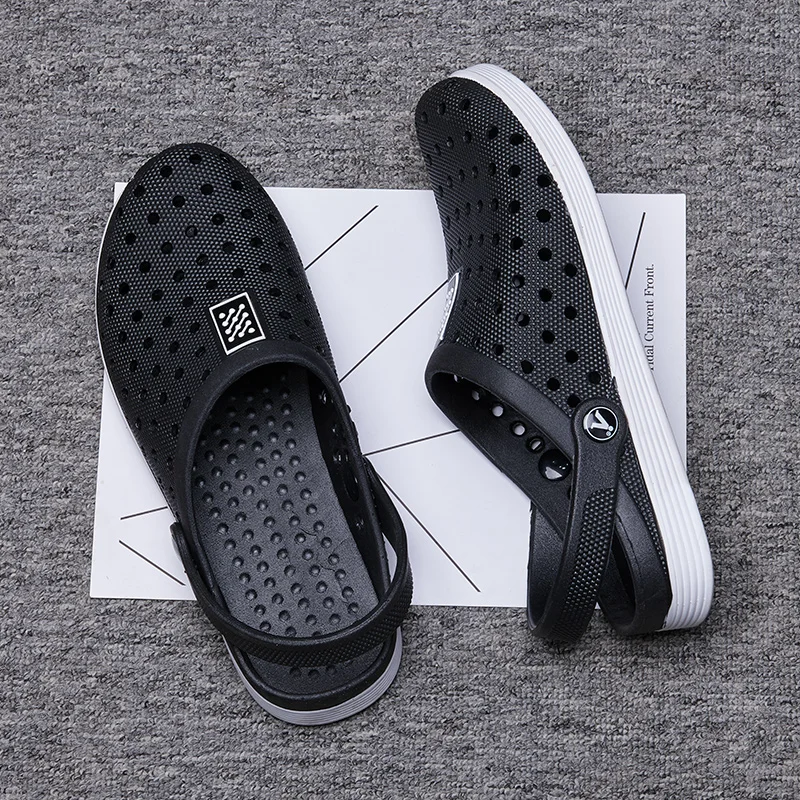 

2022 New Men's Beach Sandals Summer Hole Slides Platform Anti-Slip Sole Hole Slippers Solid Color Ventilated Light Shoes Basic