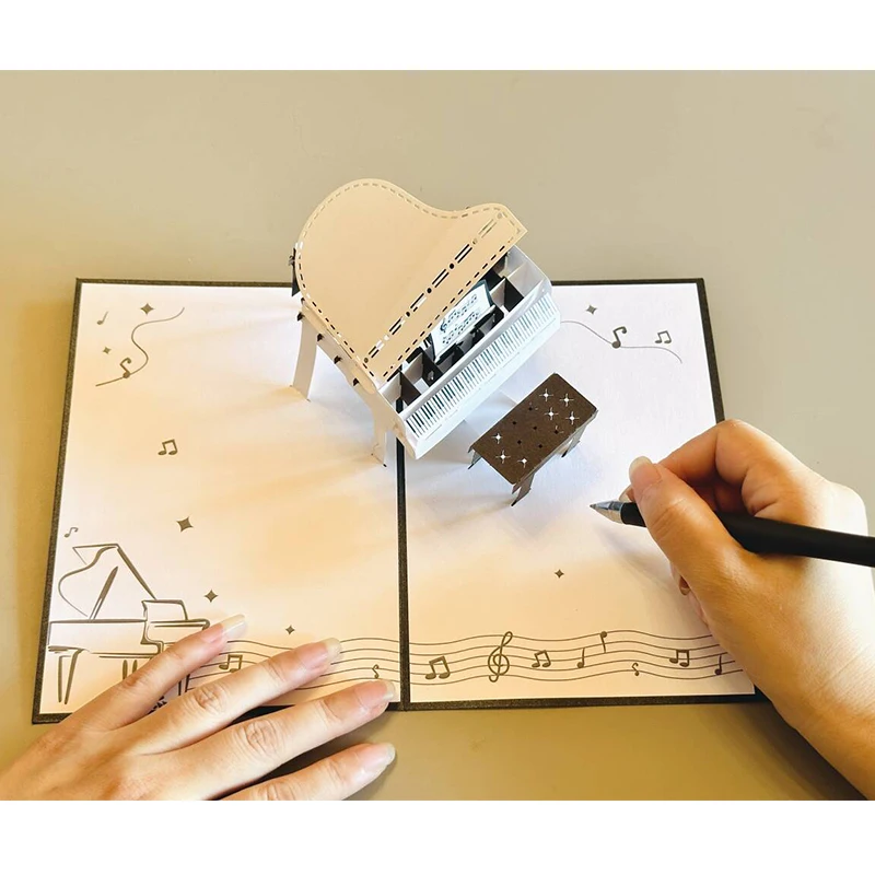 Handmade 3D White Piano Pop Up Greeting Card Concert Hall Invitation Card Guitar Bass Drum Violin Music Instrument Birthday