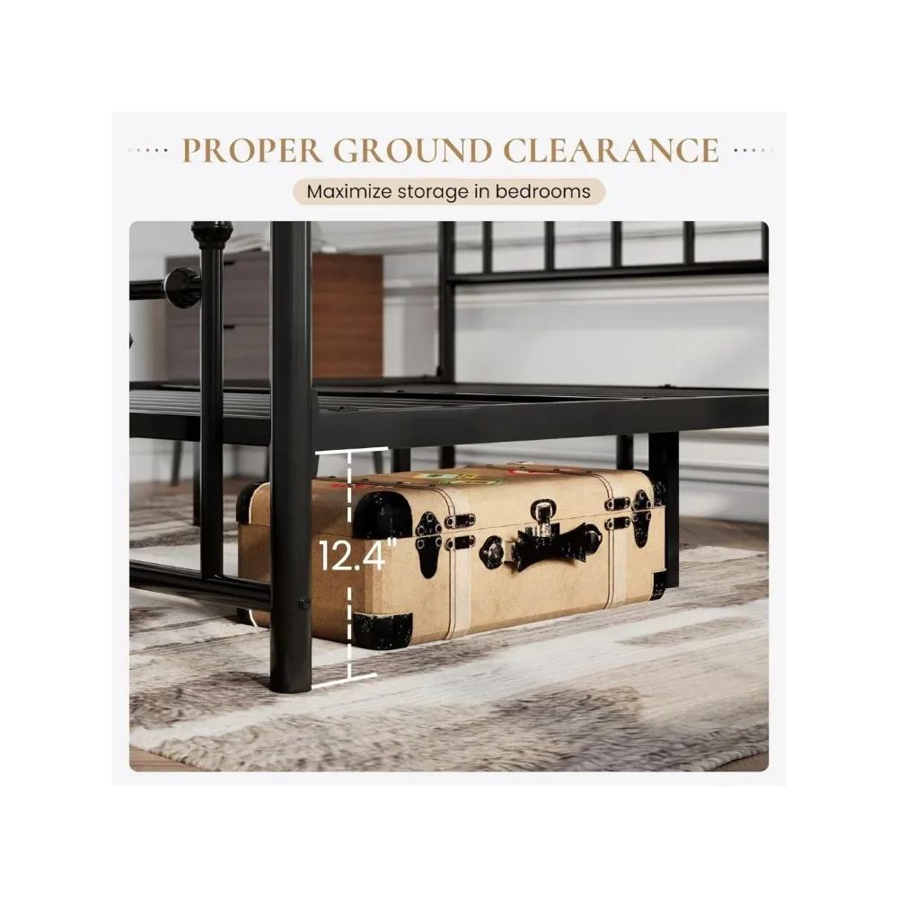 14'' Queen Size Metal Platform Bed Frame/Victorian Headboard and Footboard/Steel Slats Mattress Foundation for 6