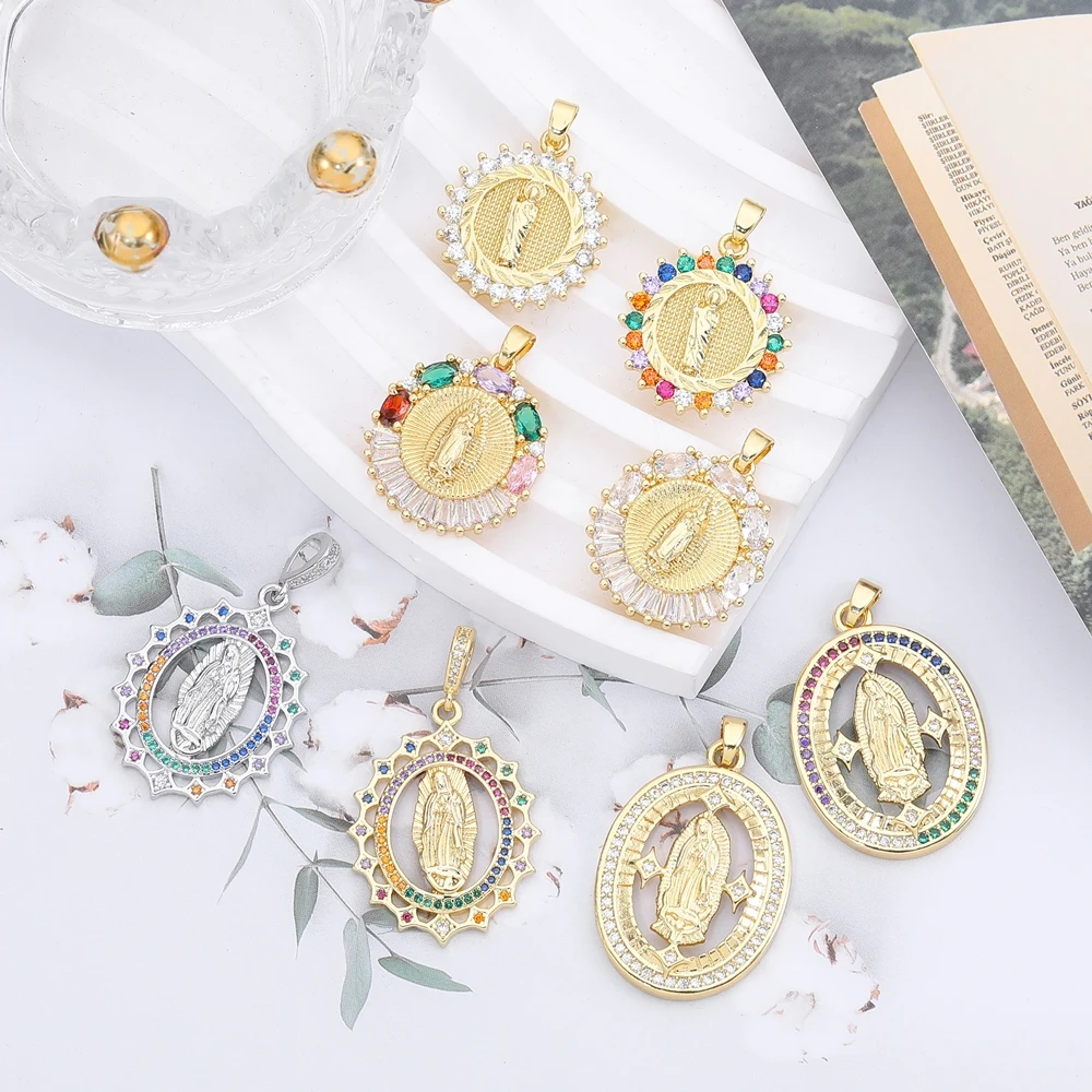 Juya 18K 리얼 골드 도금 포장 된 Cz 세인트 메리 버진 에나멜 수공예품 DIY 기독교 펜던트 부적 보석 만들기위한 매력