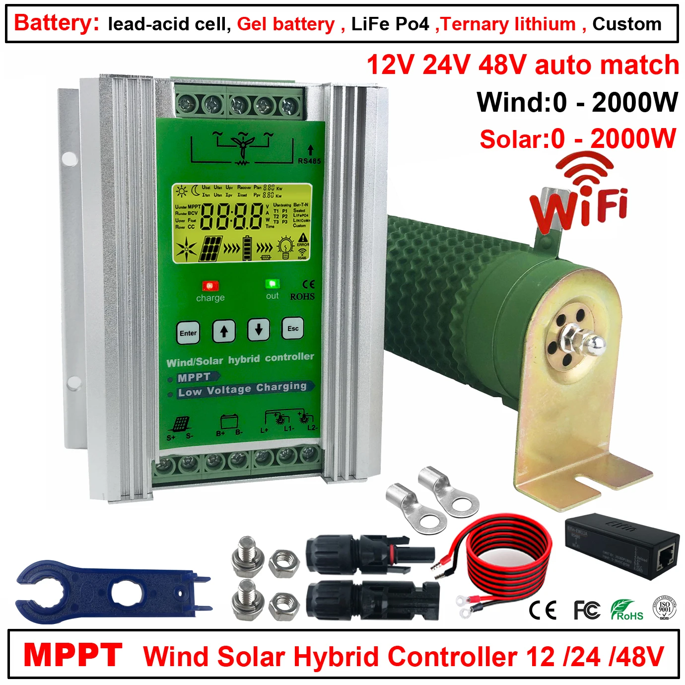 1400W Mppt Wind Solar Hibrid Booster Töltésvezérlő 12V 24V 48V Dump