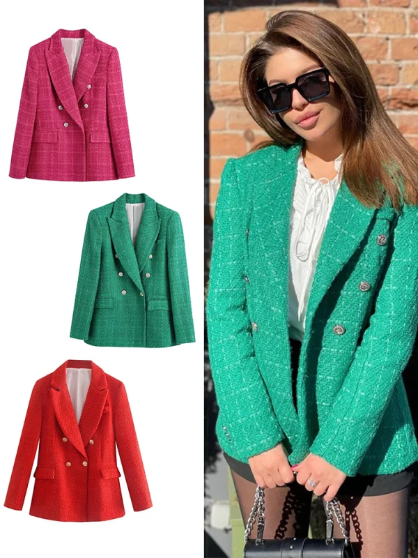 Women's Fashion Double Breasted Tweed Blazer Decorative Buttons Vintage Long Sleeve Flap Pockets Women's Jacket Funky Vests