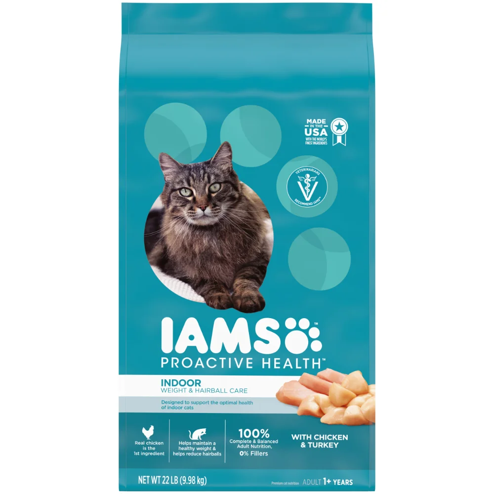 

IAMS PROACTIVE HEALTH Adult Indoor Weight Control&Hairball Control Dry Cat Food with Chicken,Turkey,and Garden Greens,22 lb.Bag