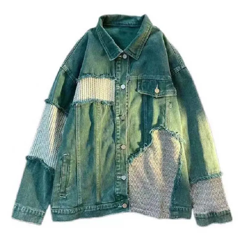 American Vintage Green Paneled Denim Jackets For Men And Women In The Fall New Ins Loose Student Versatile Jacket Top Tide