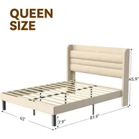 NEW Queen Bed Frame with Charging Station, Type-C & USB Ports and LED Light, Linen Upholstered Bed Frame Queen Size  Beige 2