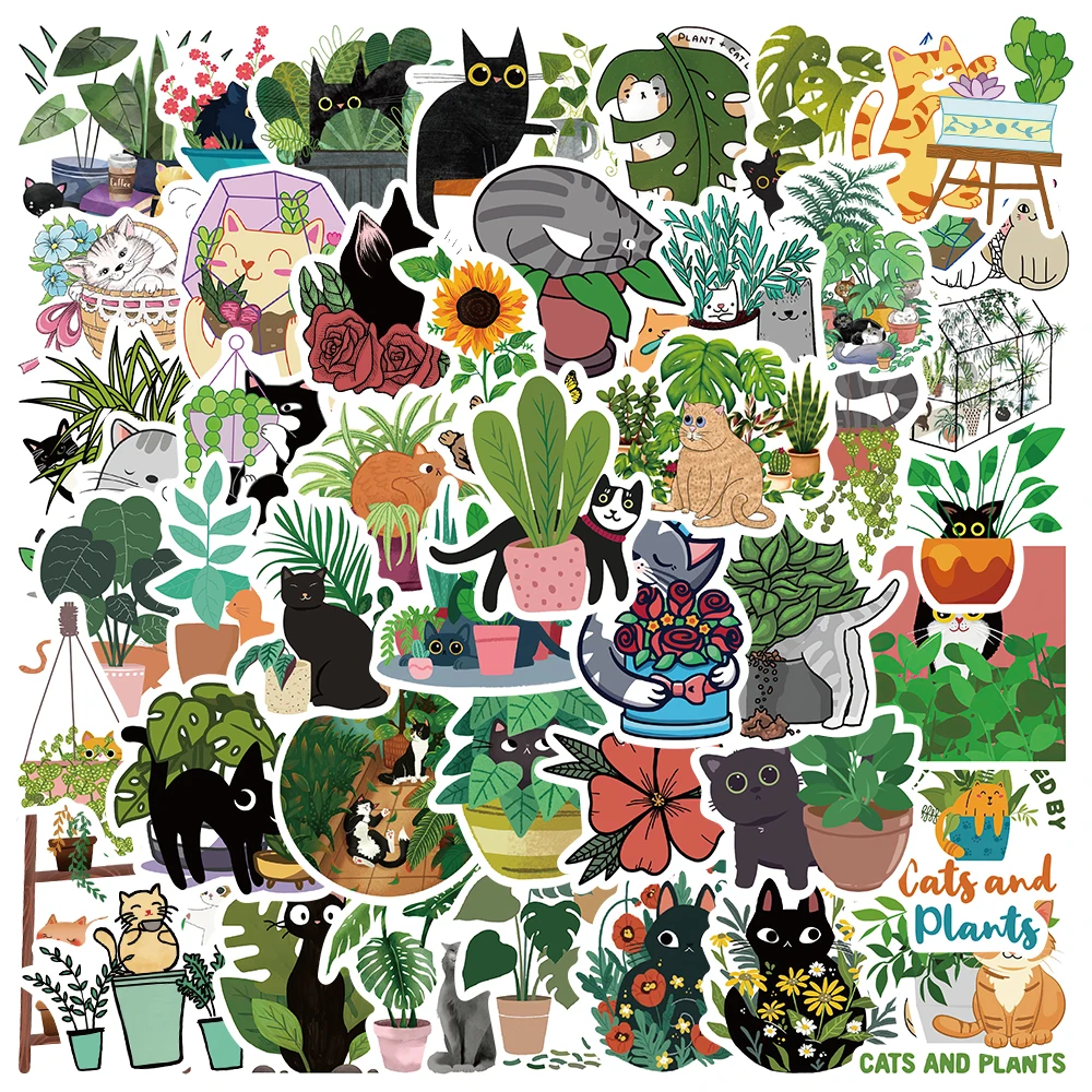 

50pcs Cute Cartoon Cats and Plants Stickers Kids Toy For Luggage Laptop Guitar Phone Waterproof Graffiti Decals