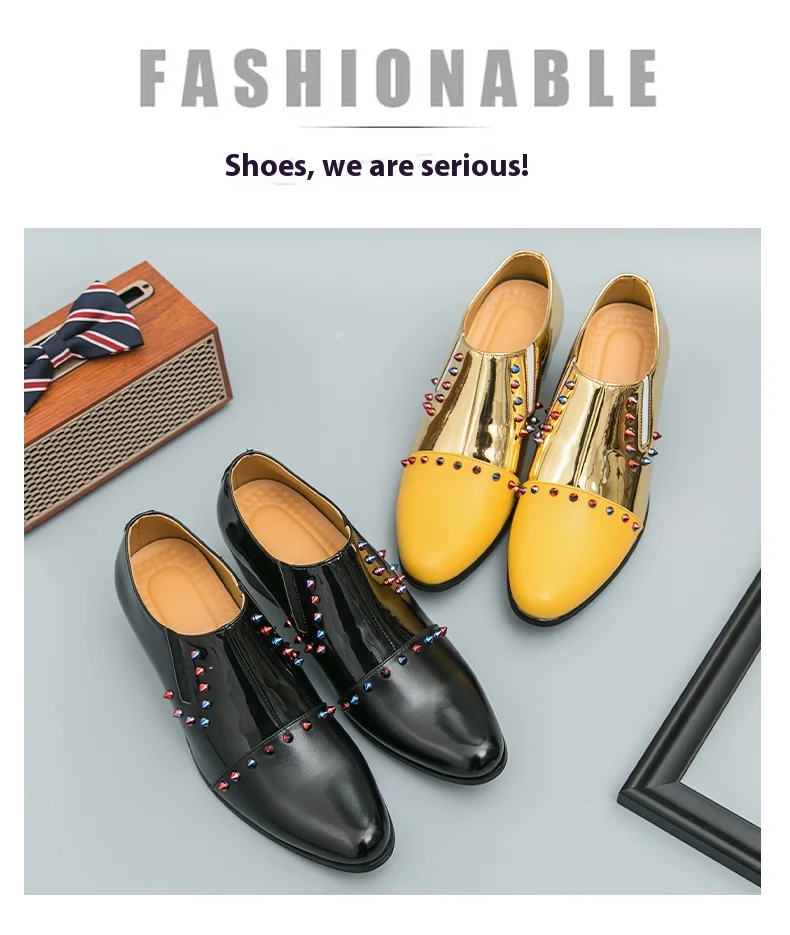 Stilvolle Herren-Kleiderschuhe mit Nieten, Übergröße 46, Slip-On-Leder, formelle Herrenschuhe, goldene Hochzeitsschuhe mit hohen Absätzen, Herren-Chaussure-M hommes – Detail 4