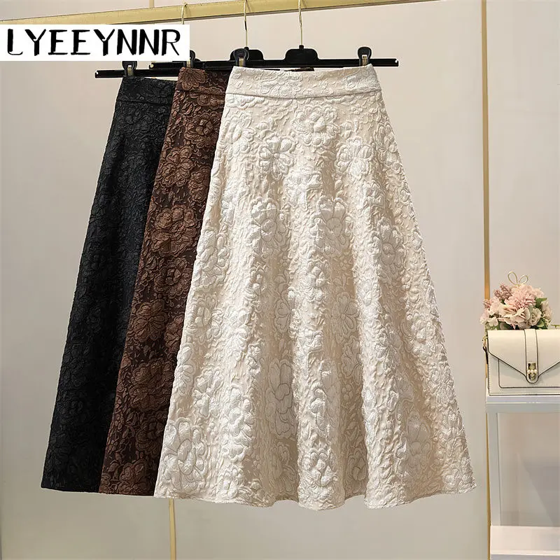 LYEEYNNR High Waist Embroidery Vintage Skirts Women A line Big Swing