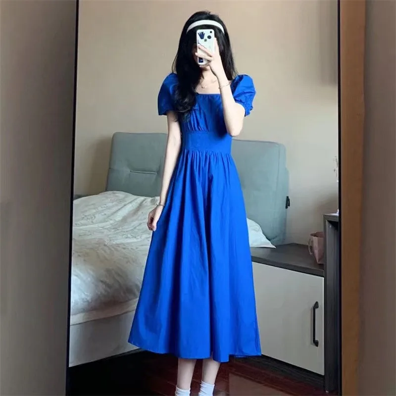 

Summer Vestidos Short Sleeve Waisted Warrior V-Neck New Blue 2024 New Chiffon Square Neck Dress Student Medium Long A-line Dress