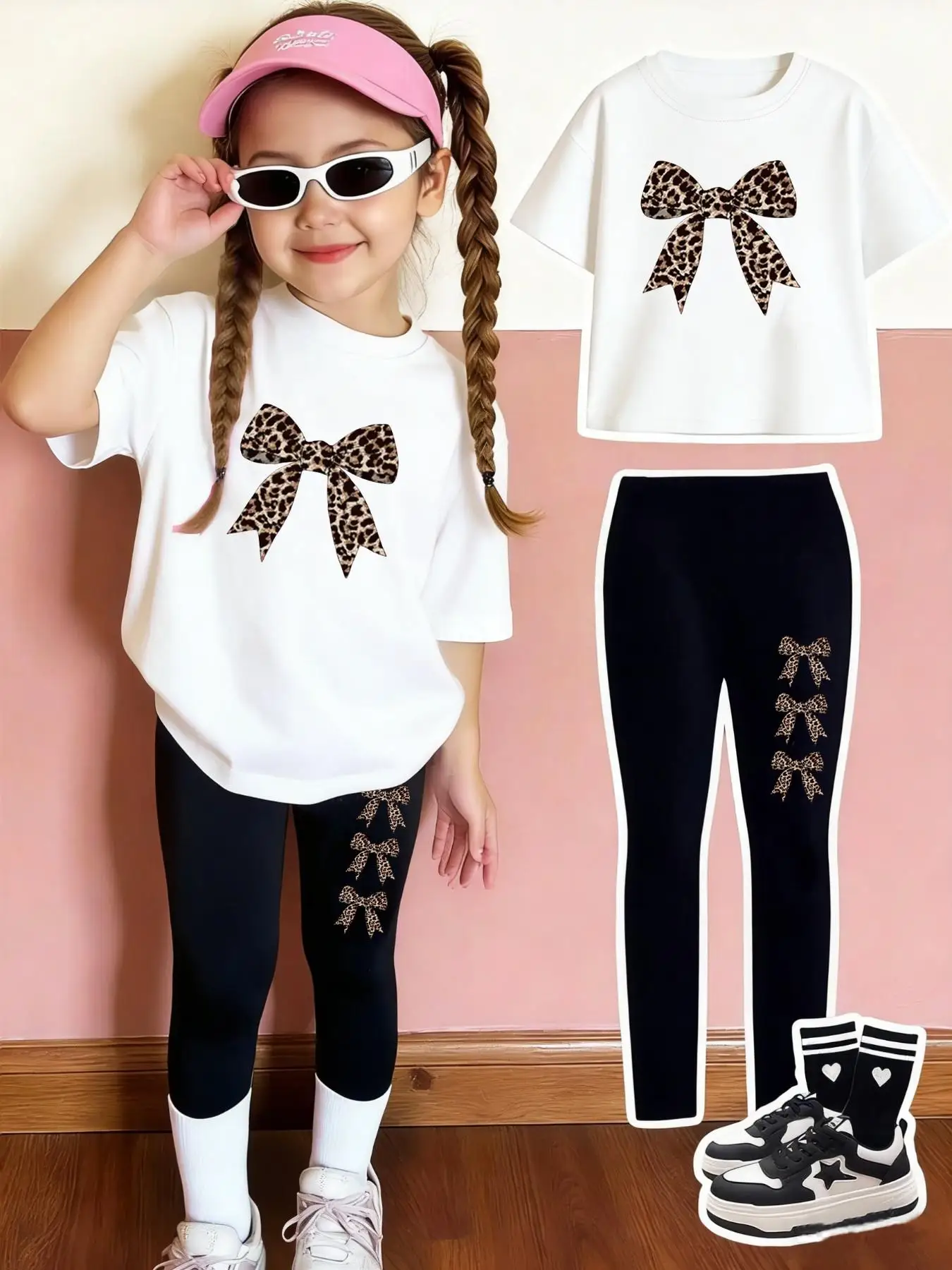 Set mit Leopardenmuster und Schleifenmuster für Mädchen, lässiges 2-teiliges Set mit kurzärmeligem Oberteil und Leggings, bequeme Hose mit elastischem Bund, geeignet für Mädchen im Alter von 4–12 Jahren, für Ausflüge, Zuhause, Schule, Frühling und Sommer, Alltagskleidung