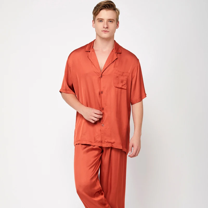Ling Mens Pajama Sets Half Sleeve Ginger Orange Silk Satin Men's Sleep Lounge Sleepwear Elegant Two Piece Sets 100% Viscose