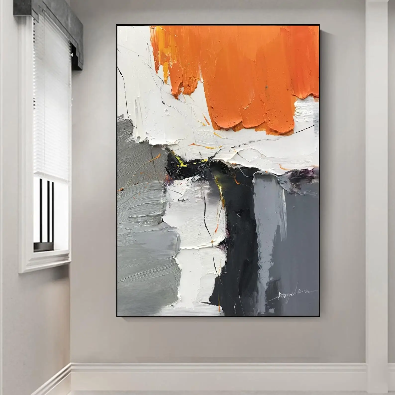 

Large Texture Abstract Painting Modern Minimalist Wall Art Black White Orange Texture Painting Living Room Wall Art Wall Decor