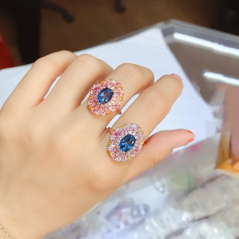

【M&T】Natural Pink Swiss Blue London Blue Topaz Ring 925 Sterling Silver Ladies Ring Blue opal Amethyst Party gift