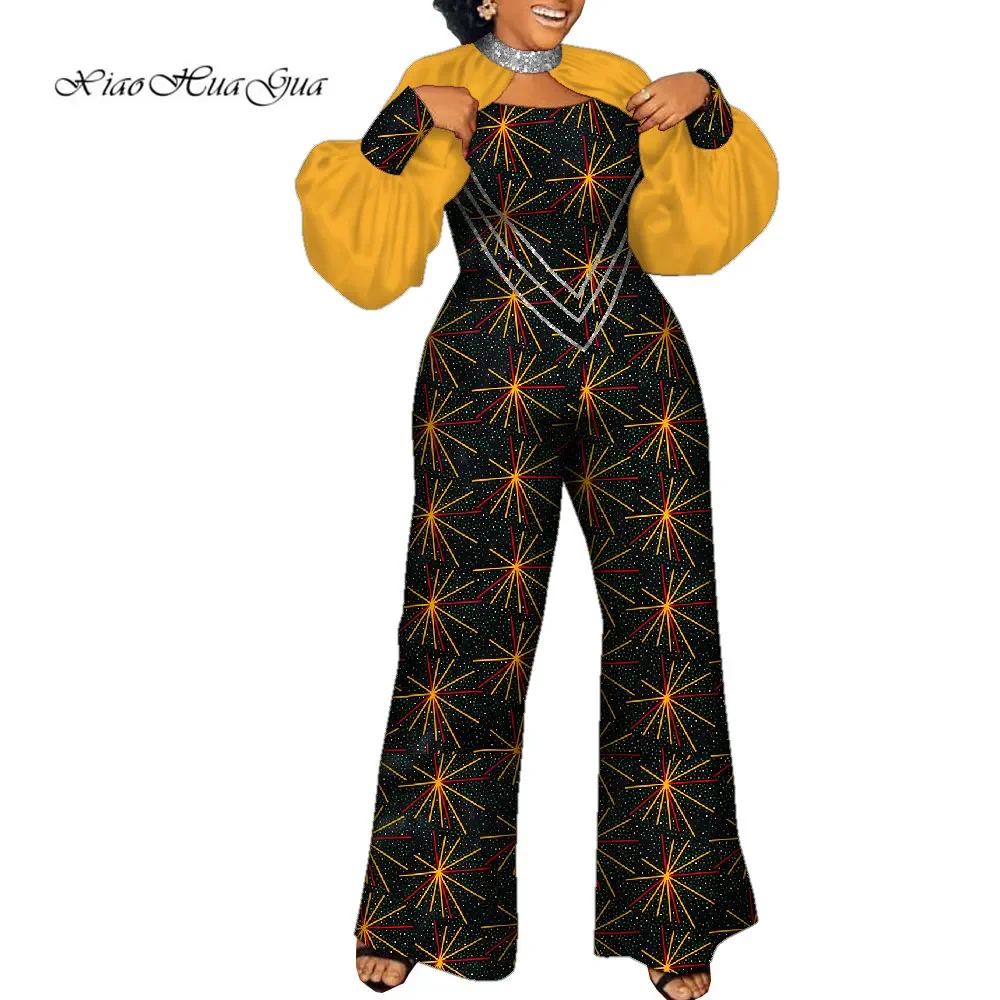 African Dashiki Jumpsuit Pants for Women Party Wedding Rompers Jumpsuit Long Sleeve Wide Leg Trouser Africa Women Clothes Wy9893 womens sparkly sequin slip rompers spaghetti straps high waist wide leg flare pants one piece jumpsuit for halloween club party