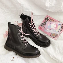 

Women Martin Boots Bow-knot Decor Pink Cute Rubber Sole Leather Water-proof Fashion Women Platform Boots