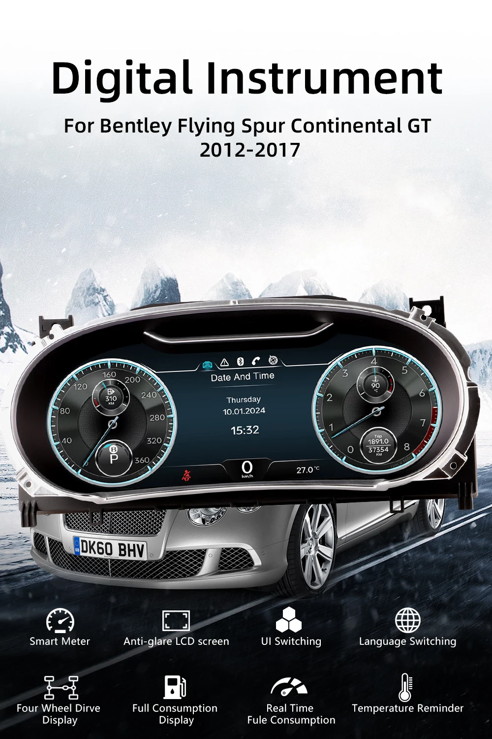12.3”Digital Cluster Dashboard For Bentley Flying Spur Continental GT 2012-2017