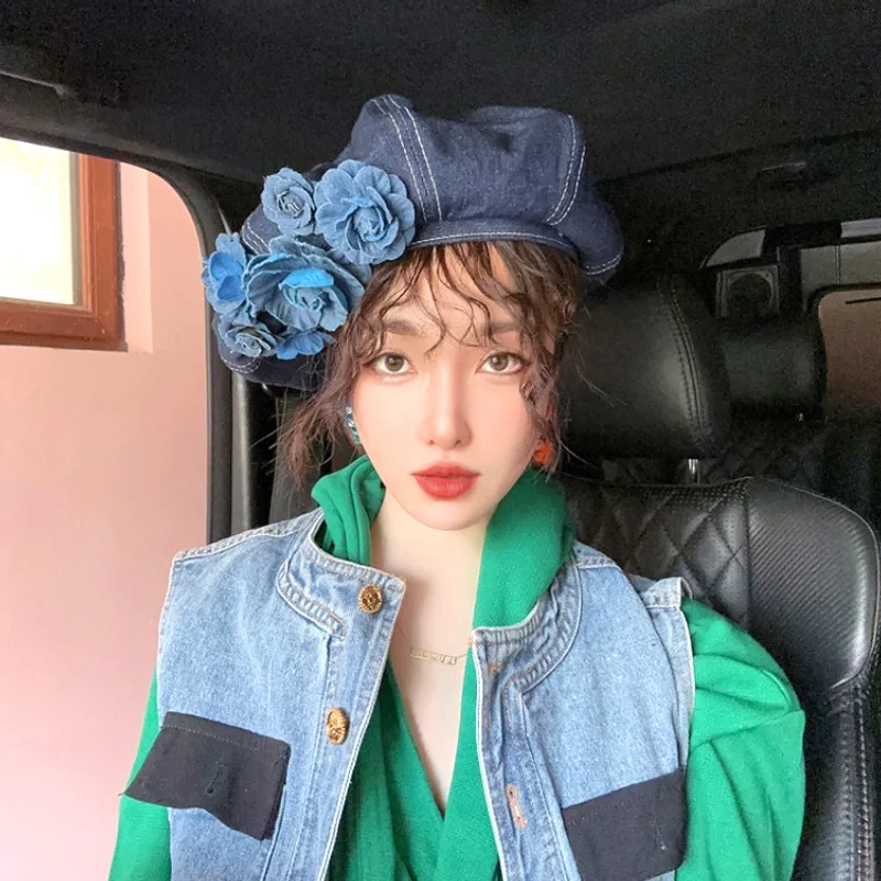

Flower Cowboy Beret Spring Autumn Retro Fashion Hat Women 2023 New Casual Painter Hat Literature Art Beanie Hats