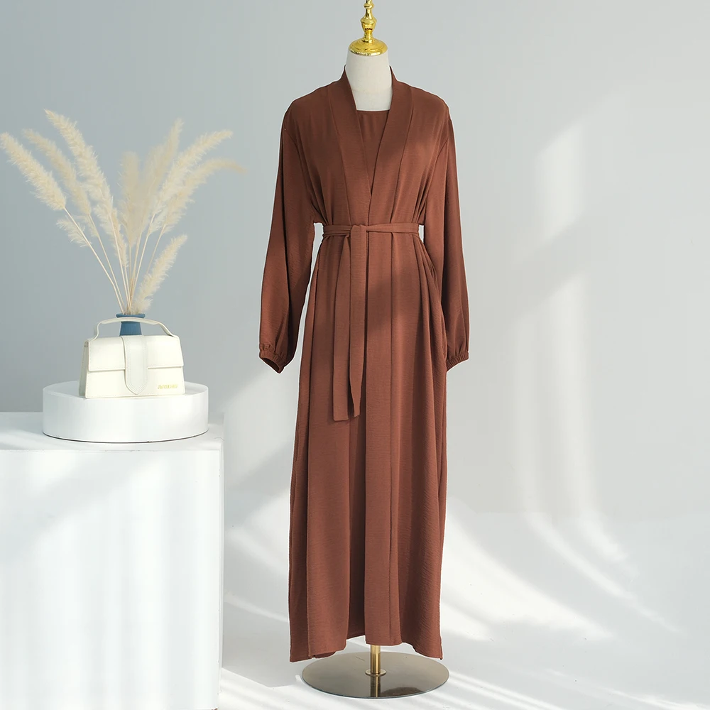 2025 Latest 2 Piece Abaya Set Plain Abaya EID Ramadan Islamic Clothing Women Muslim Dress Cardigan Abaya 4