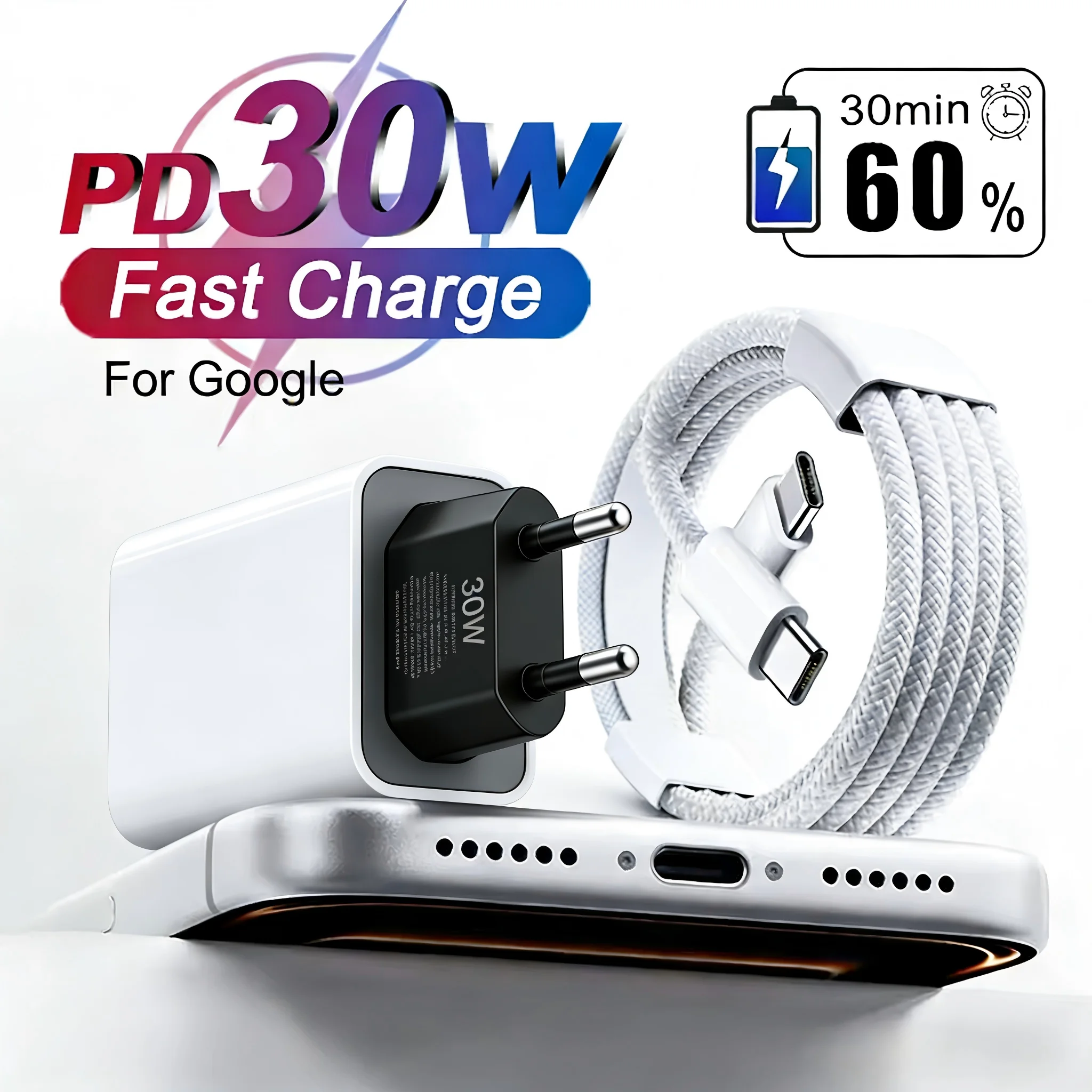 For Google 30W USB-C Fast Charger – Power Delivery 3.0 Adapter for Pixel 10/9/8/7/6 Pro XL, 9A, Fold, with Type-C Cable