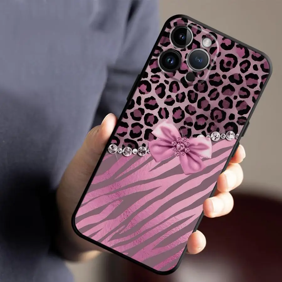 Luxury Pink Bow Leopard Design Phone Case - Stylish Black Soft Cover