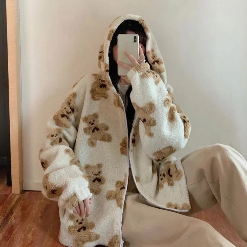 Harajuku herzförmigen Druck Plüsch Jacke Frauen Winter 2025, Koreanische Langarm Mit Kapuze Mantel Dicke Warme Paar Streetwear Oberbekleidung – Detail 13