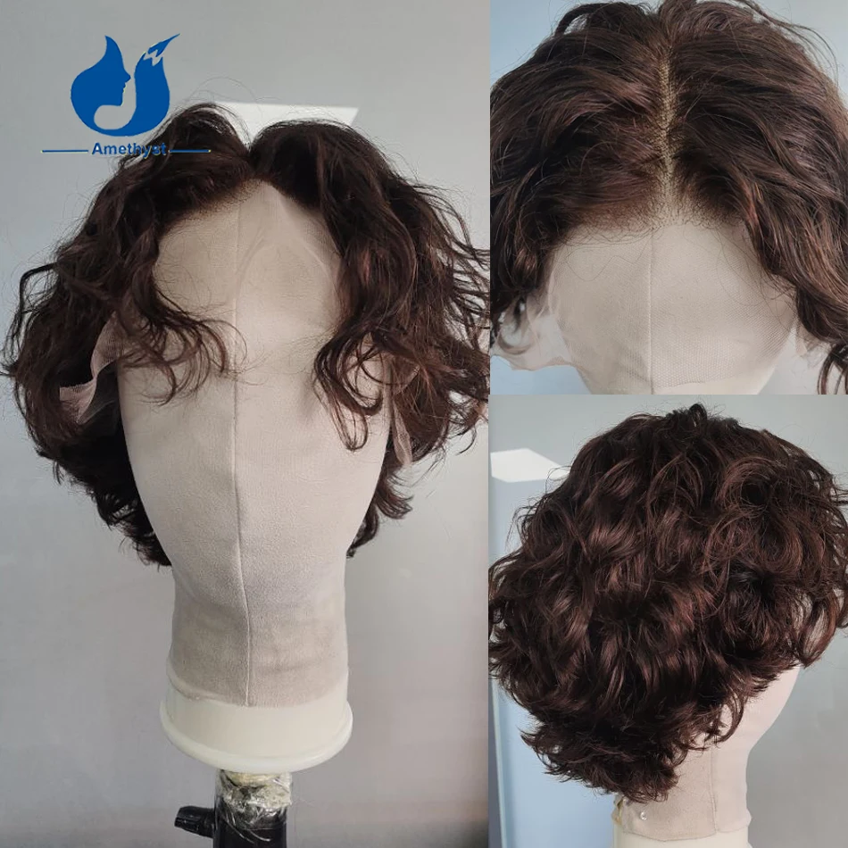 아메시스트 브라운 컬러 3    남성용 웨이브 웨트 가발 짧은 가발 픽시컷 13x6..