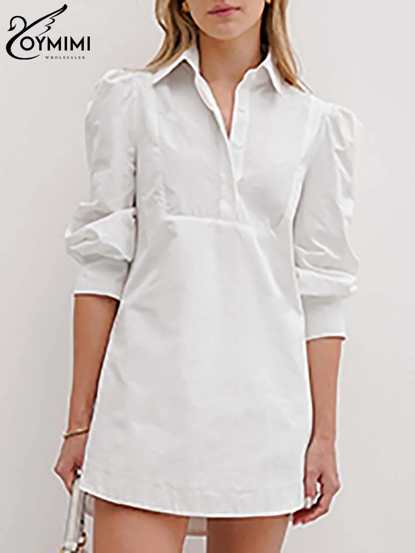 

Oymimi Fashion White Cotton Women's Dress Elegant Lapel Three Quarter Sleeve Button Dresses Casual Straight Mini Dresses Female