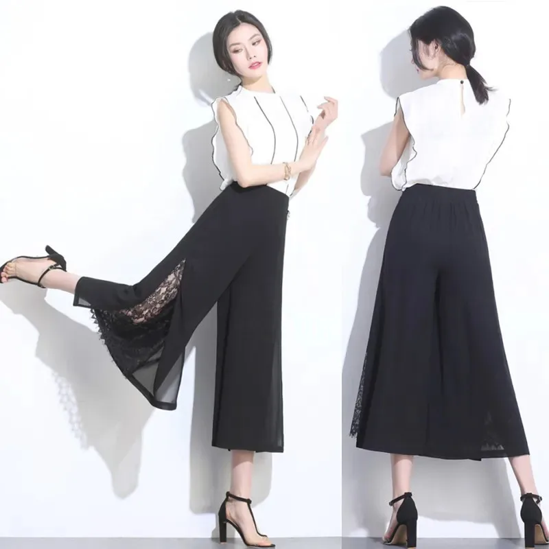 

2023 Summer Chiffon High Waist Black Loose Wide-Leg Pants Women Lace Pants Fashion Nine Split Fork Pants Casual Baggy Trousers