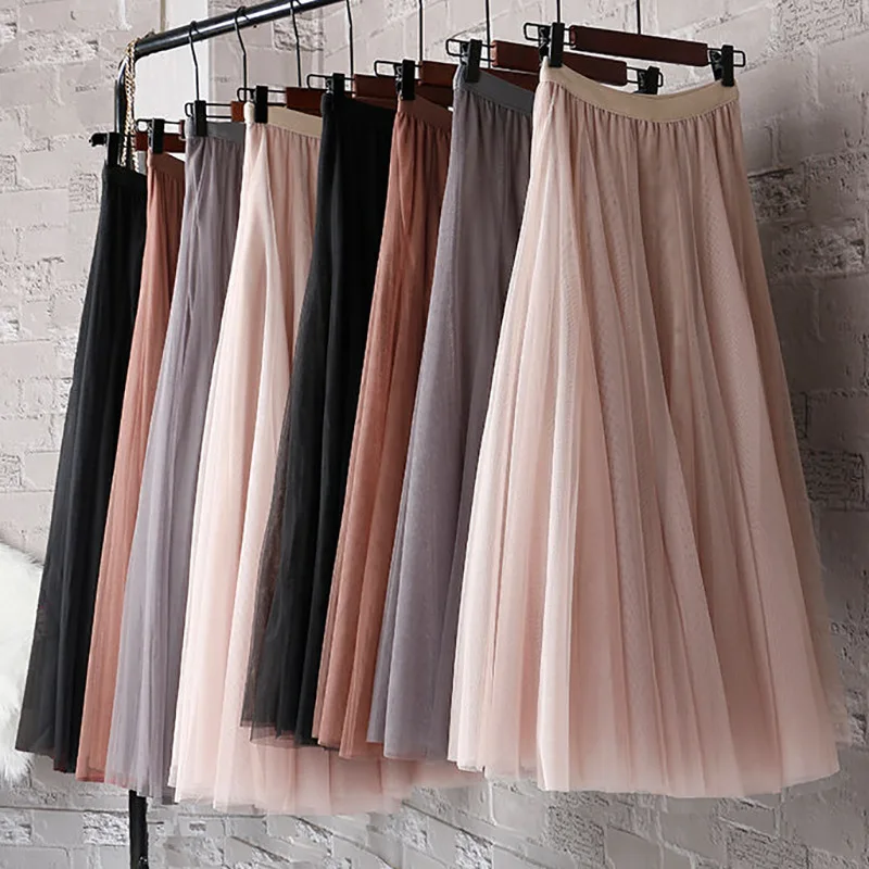 Elastic Waist 3 Layers Mesh Long Tulle Skirt Spring Autumn Elegant Vintage High Waist Ball Gown Gauze Tutu Skirt 1 pair transparent wedding dress gloves fashion autumn summer women short tulle stretchy korean style mesh gloves full finger