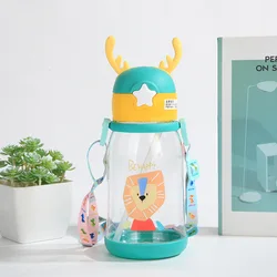 600ml Kids Antler Cartoon Sippy Cup with Straw - Leakproof Baby Water Bottle - 600ml (1pc Green)