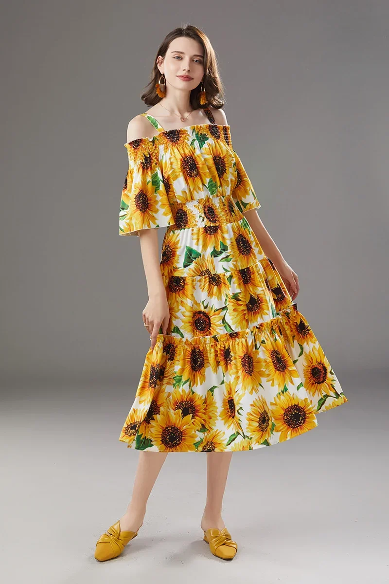 

2023 Runway Sunflower Summer Dress Women's Cold Cut Out Off Shoulder Slash Neck Floral Print Holiday Long Sundress