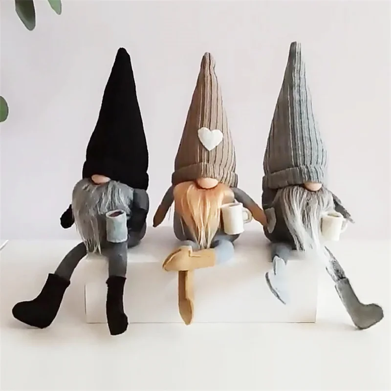 Christmas Decoration Knitted Faceless Plush Gnome Doll Hanging Leg Holding Coffee Doll Table Holiday Decor Home Daily Decoration