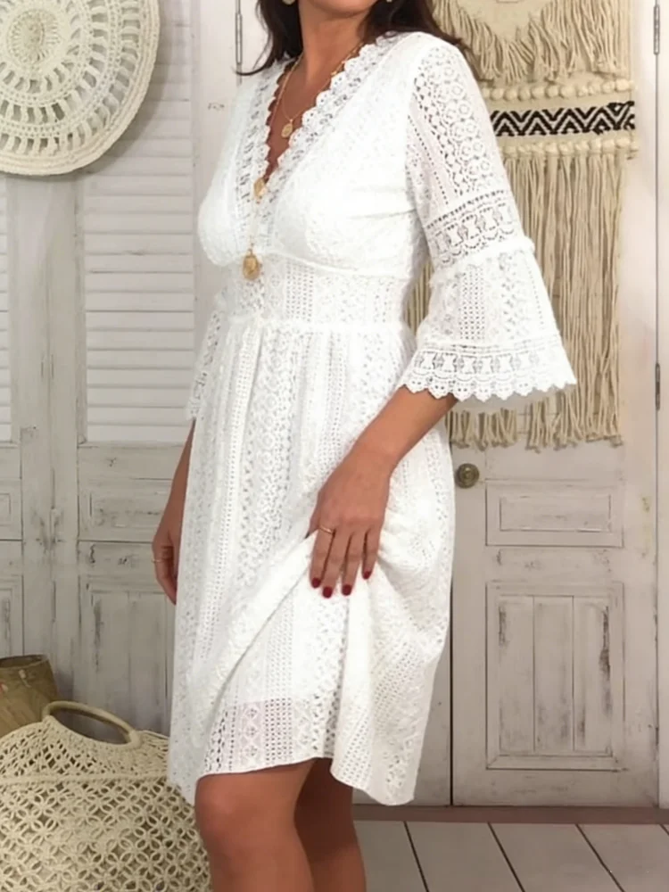 White Lace V Neck Summer Dress for Women