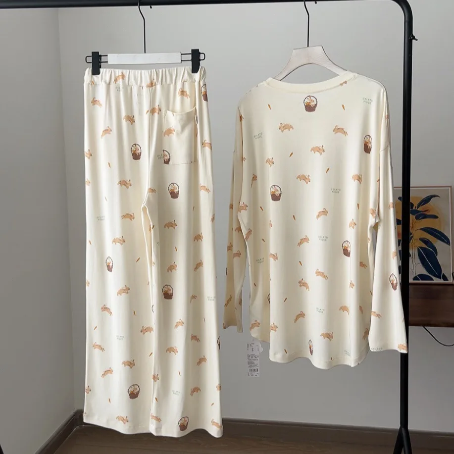 Room Wear Ladies Women Pajamas Set Long Sleeve Trousers Sleepwear Rabbit Prints Spring