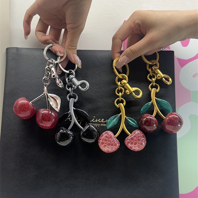 BIHRTC Cherry Bag Charm & Chain Set - PU Leather Cherry Keychain With Extender Strap, Handbag Accessories For Women