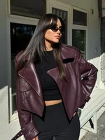 Women Chic Burgundy Irregular Zipper Leather Jacket Elegant Lapel Collar Long Sleeves Coat 2024 New Lady Autumn Cool Streetwear 1