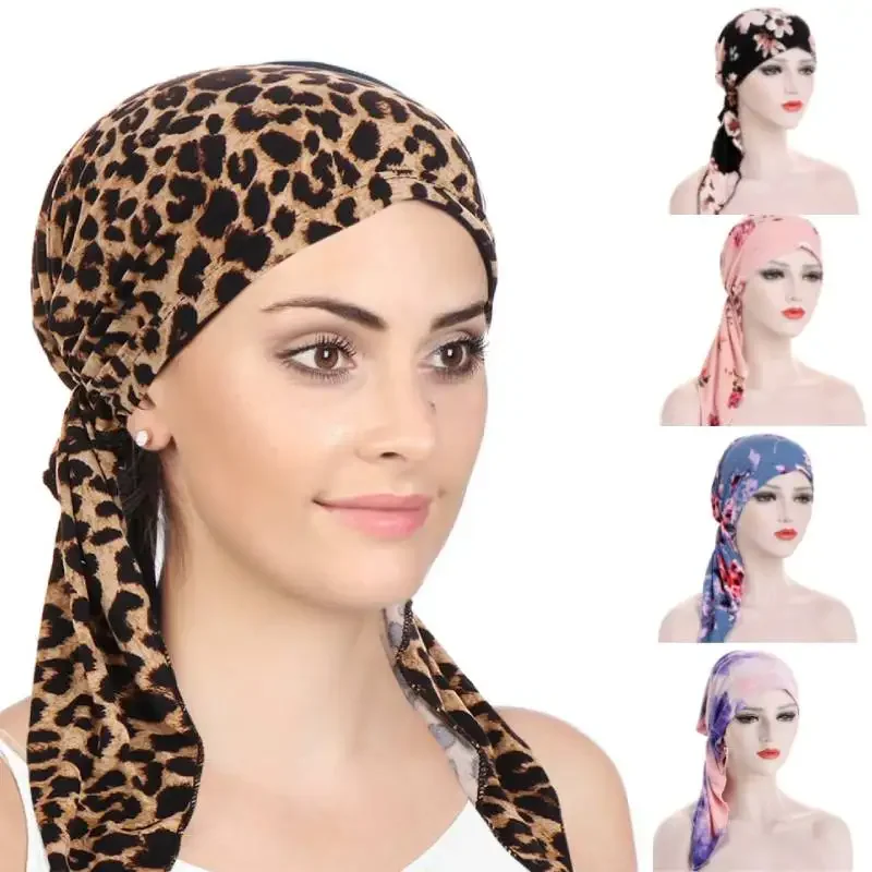 New Women Printed Pre-Tied Turban Cap Muslim Hijab Inner Caps Hair Loss ...
