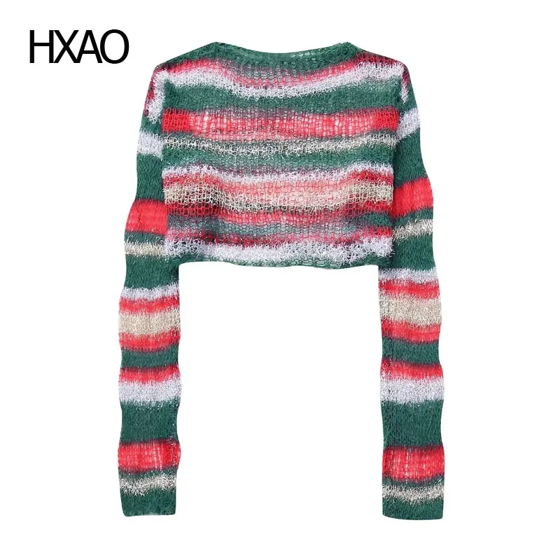 

HXAO Colorful Striped Women's Sweater Cropped Knit Pullovers With Cutout Long Sleeve Top Woman O-Neck Jumpers New In Knitwears