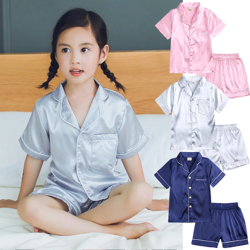 Children's Satin pajamas for Girls Boy Pajama Sets Summer Autumn Silk Fashion Pijama Tops Pants Set Kid Pyjamas Sleepwear Suit pajama sets cheap