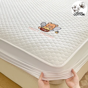 Luxury Quilted Mattress Protector with Honey Pot Embroidery,Mattress Cover - Antibacterial, Breathable,for a Cozy Sleep