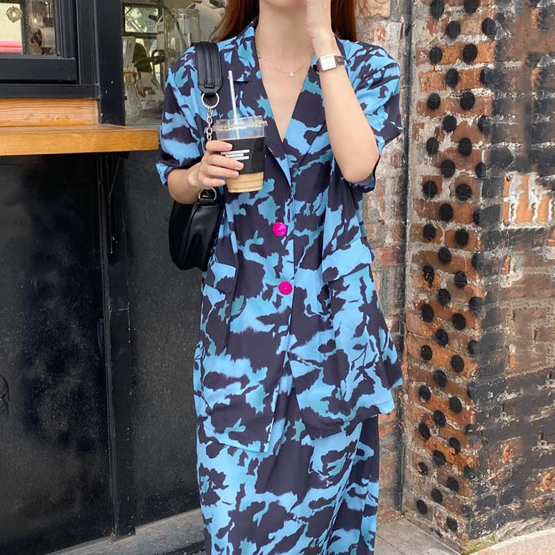 

ZCSMLL two pcs dress Korean chic spring new suit collar color rendering short sleeved shirt + high waist loose skirt suit women