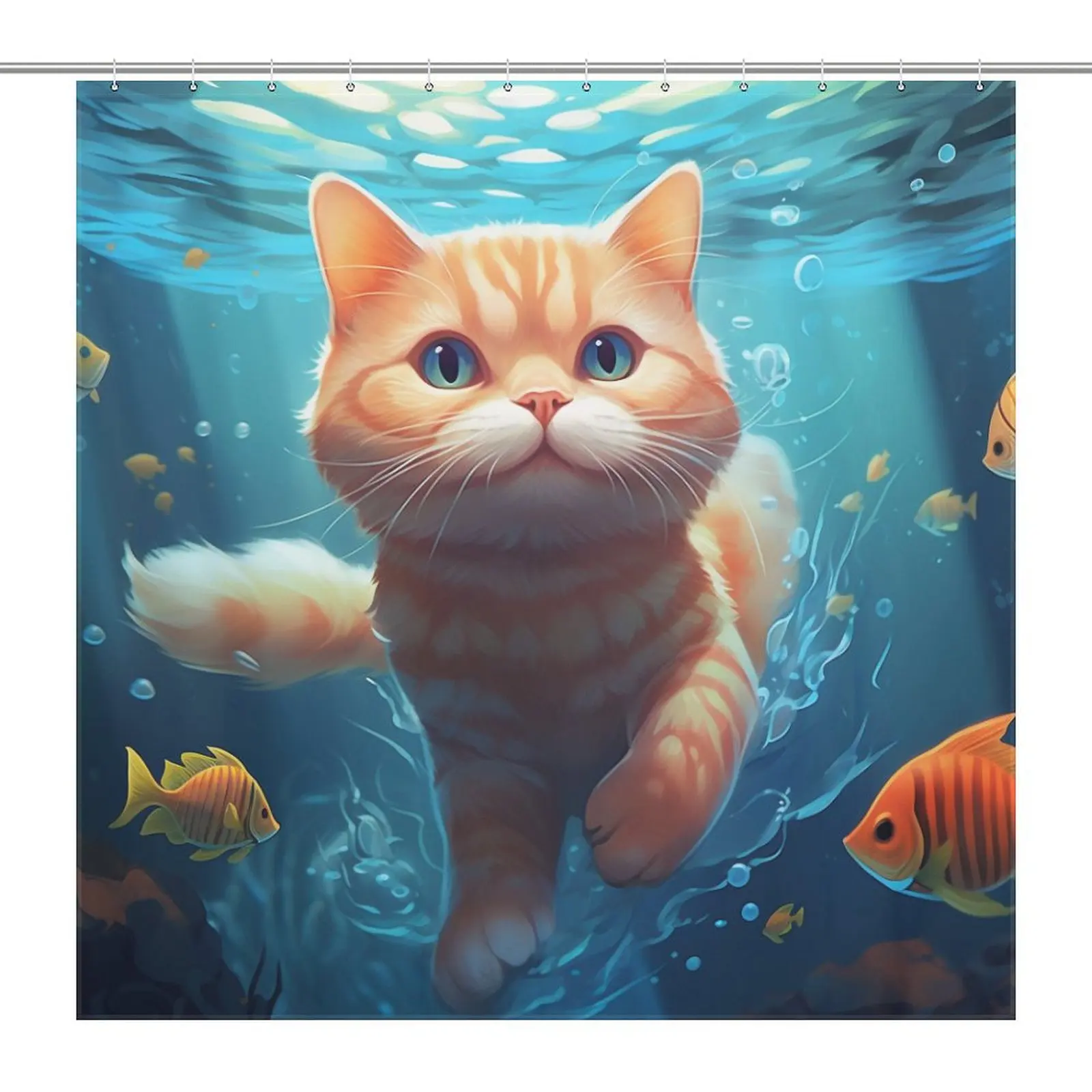 

Abstract Underwater Fat Cat Bath Curtains Fun Fish Bathroom Decor Waterproof Fabric Shower Curtain with 12pcs Hooks