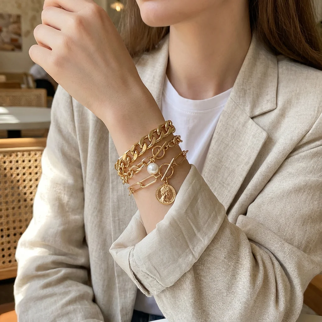 Retro OT Schnalle Multilayer Armband für Frauen Mode Charme Imitation Perle Anhänger Schnalle Gold Farbe Armreif Party Geburtstag Geschenk