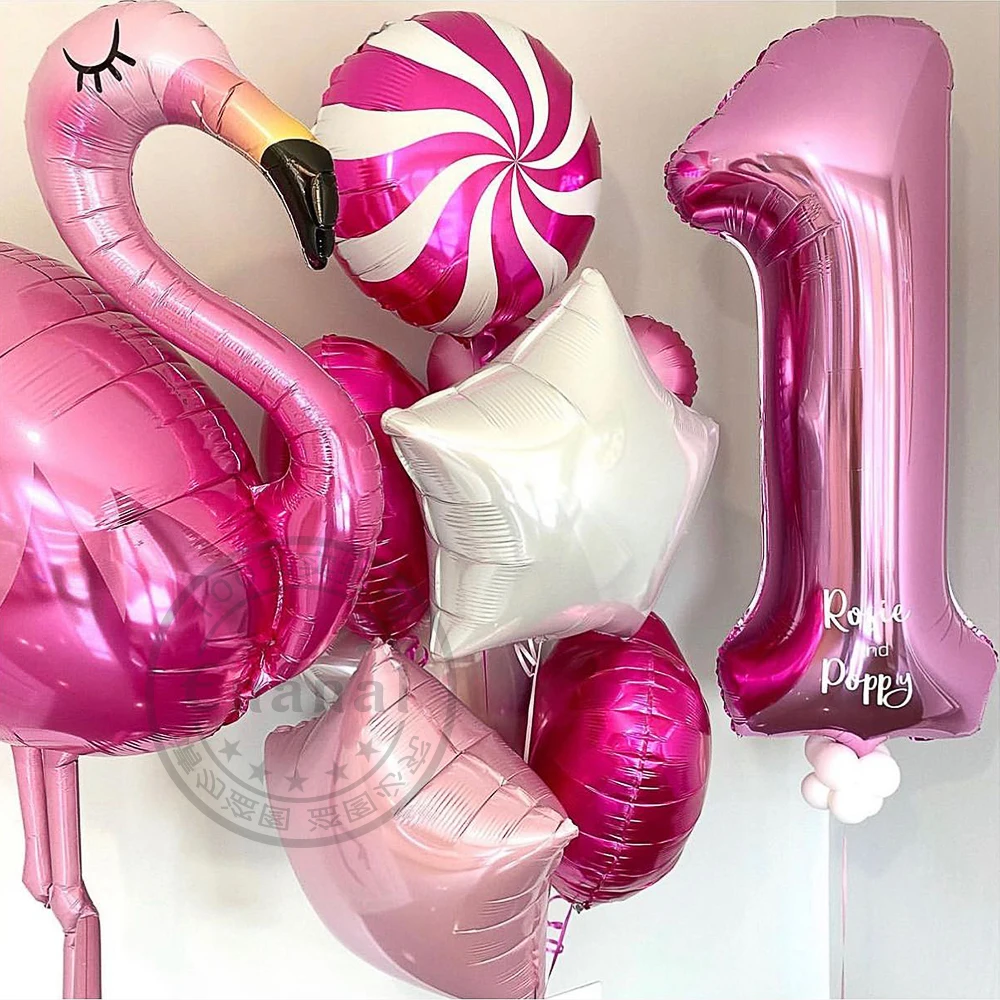 1Set Hawaiian Party Flamingo Foil Balloon 32 Pollici Rose Red Digital Balloon 1 Anno Decorazione Festa Di Compleanno Matrimonio Baby Shower