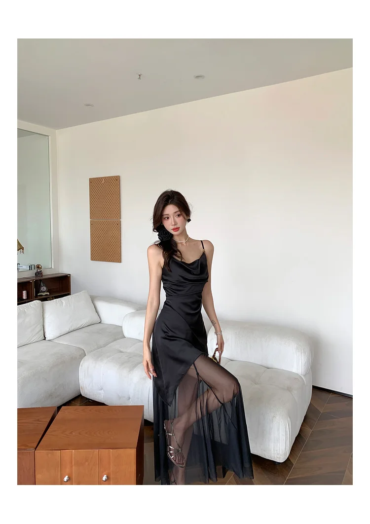 Sexy Black Dresses for Women Summer New Spaghetti Strap Mesh Patchwork Slim Evening Party Dress Prom Robe French Vestidos Mujer