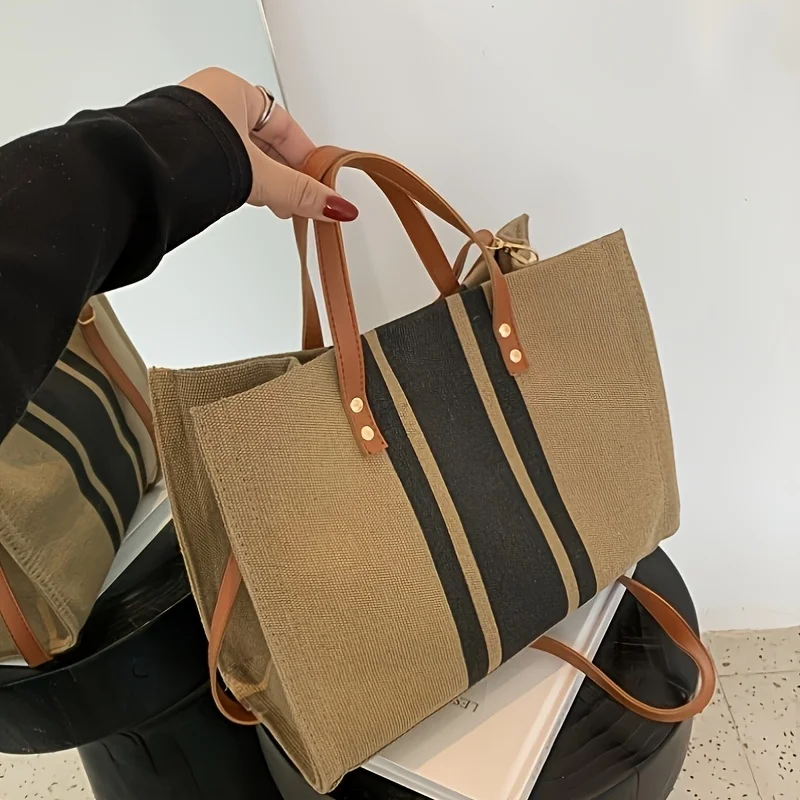 Stylish Women'S Canvas Tote Bag, Black Blue Striped Design Handbag Shoulder Bag for Work, School, Shopping, Beach Outings & Gym