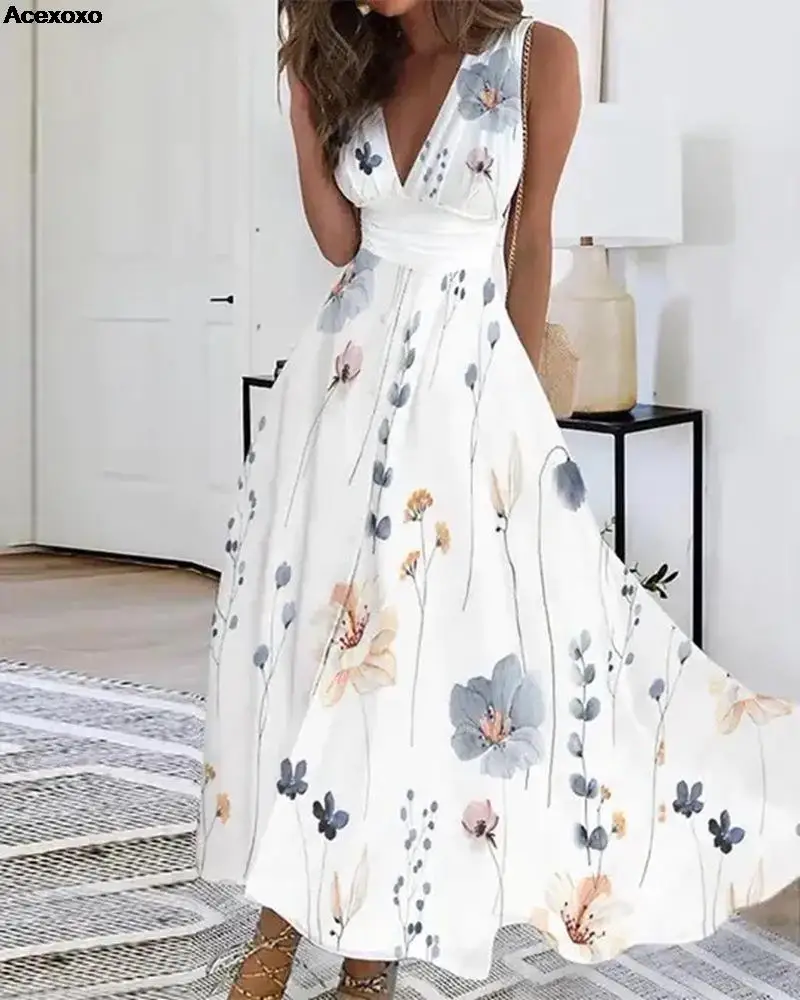 

2023 summer new women's fashion casual deep V high waist printed sleeveless sexy vest dress