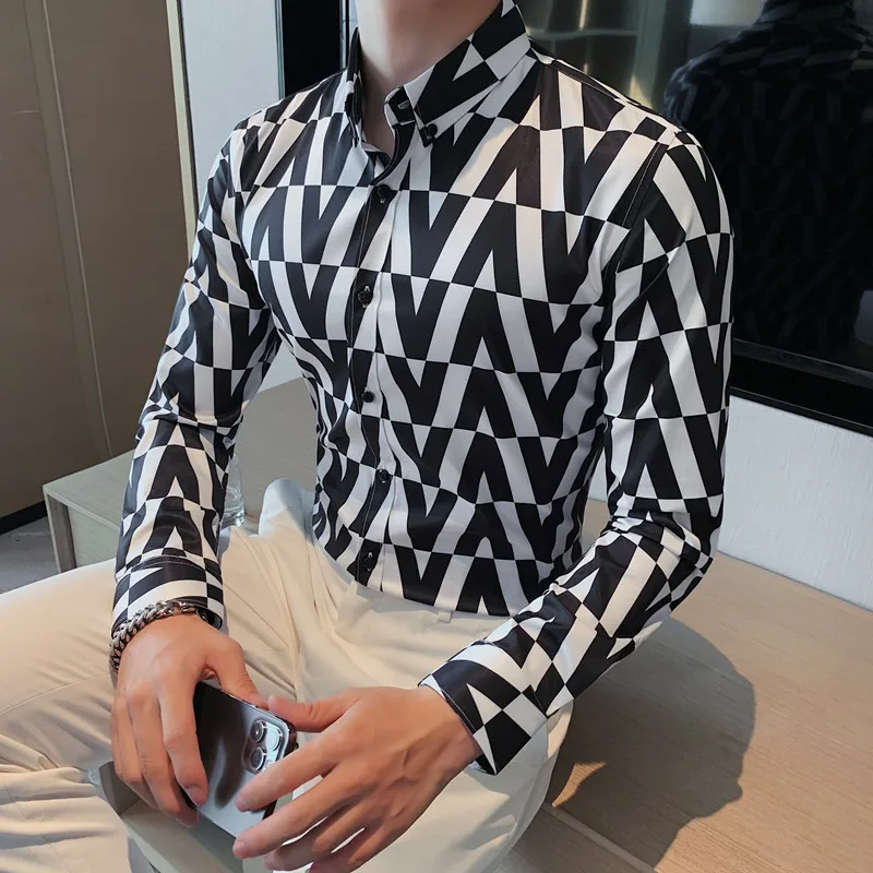 

2022 British Style Men Spring High Quality Business Dress Long Sleeve Shirt/Male Slim Fit Fashion Lapel Printing Casual Shirts